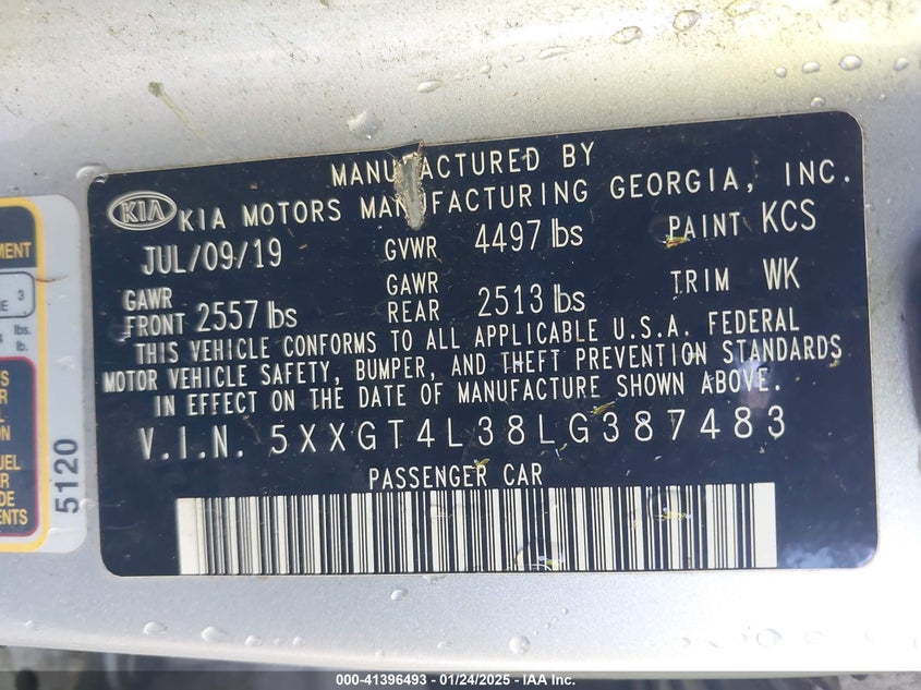 2020 KIA OPTIMA VIN: 5XXGT4L38LG387483