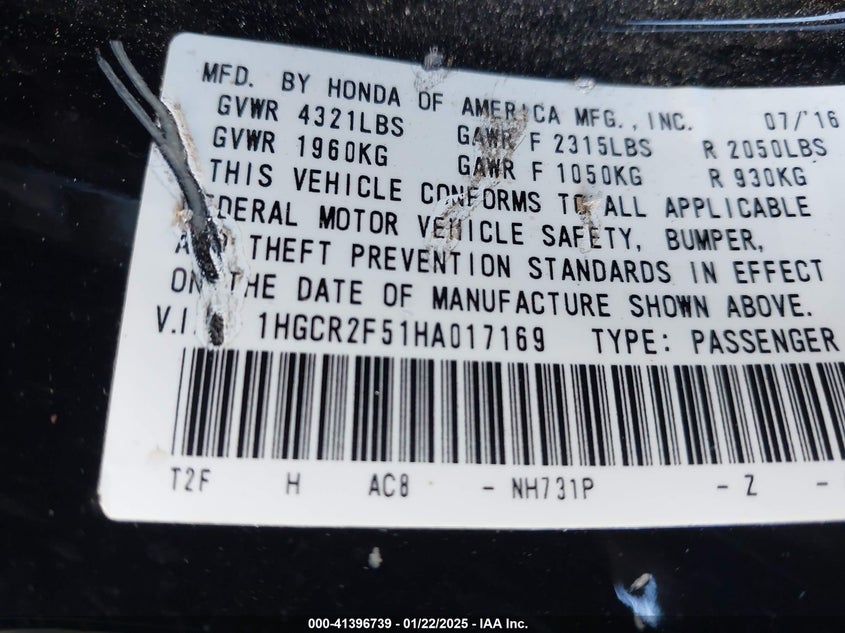 2017 HONDA ACCORD VIN: 1HGCR2F51HA017169