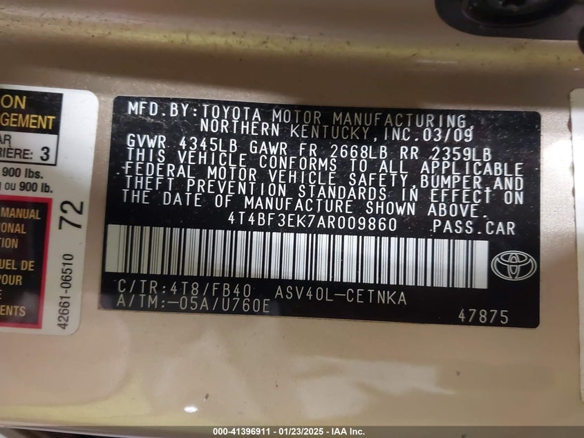 2010 TOYOTA CAMRY VIN: 4T4BF3EK7AR009860