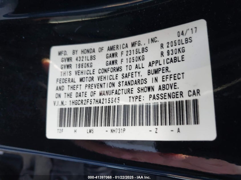 2017 HONDA ACCORD VIN: 1HGCR2F57HA215545