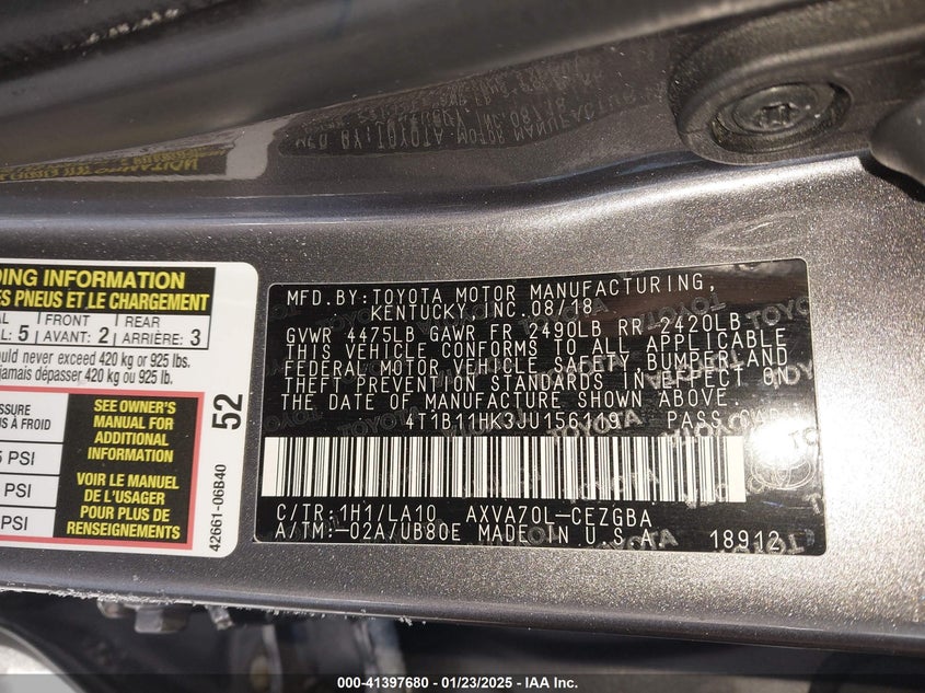 2018 TOYOTA CAMRY VIN: 4T1B11HK3JU156119