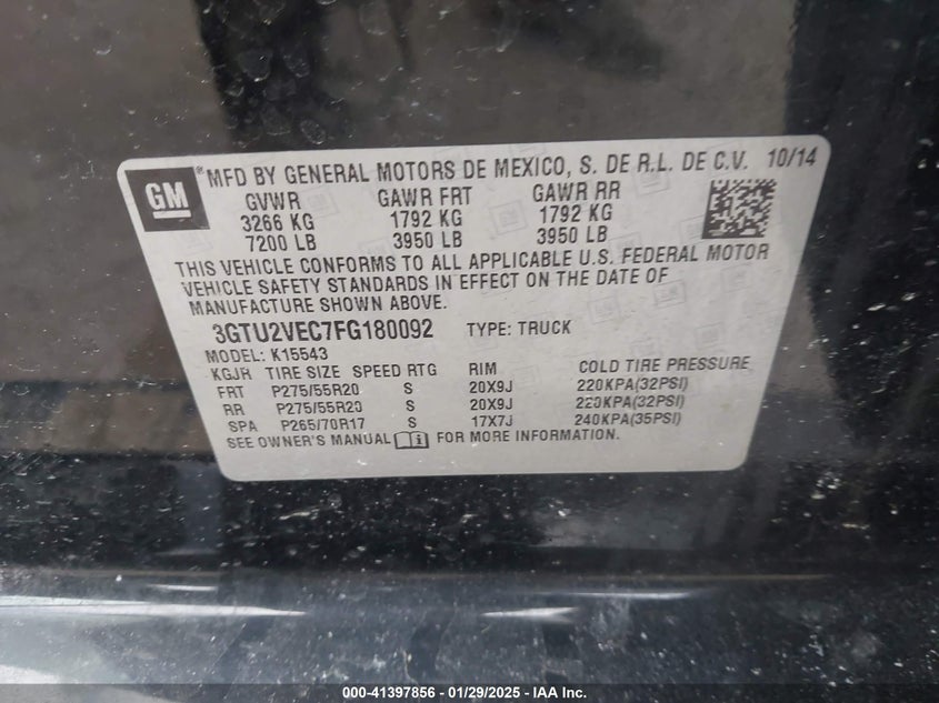 2015 GMC SIERRA 1500 VIN: 3GTU2VEC7FG180092