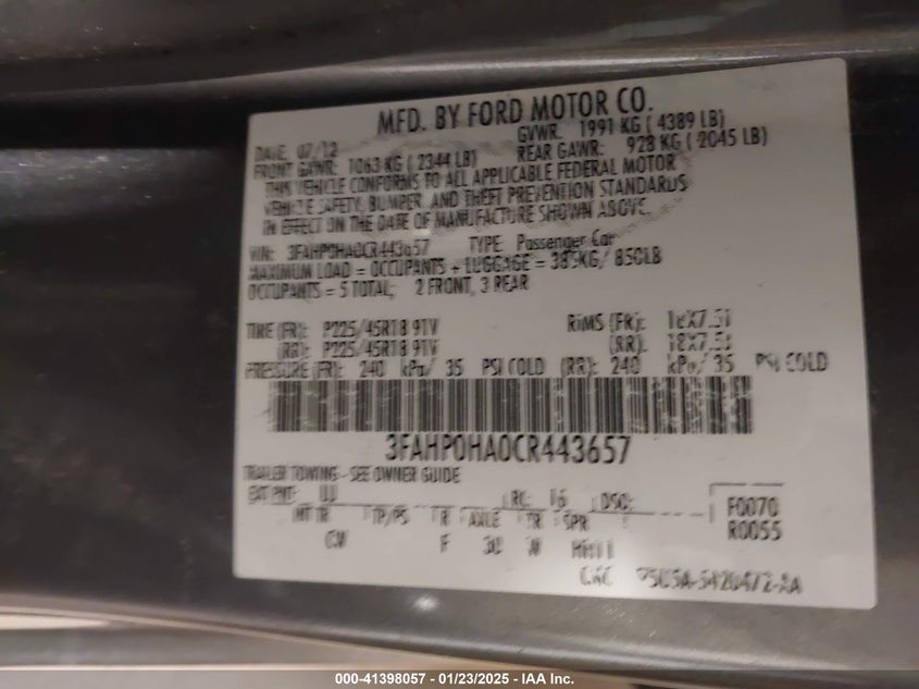 2012 FORD FUSION VIN: 3FAHP0HA0CR443657