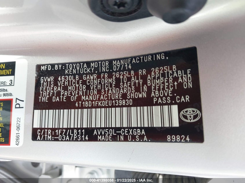 2014 TOYOTA CAMRY HYBRID VIN: 4T1BD1FK0EU139830
