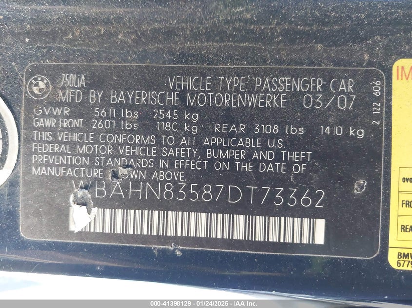 2007 BMW 750LI VIN: WBAHN83587DT73362