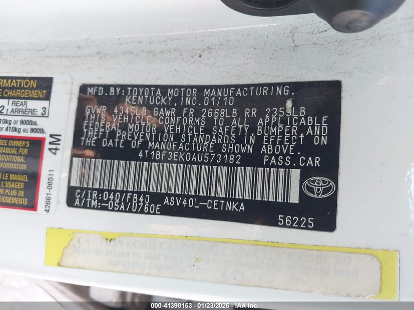 2010 TOYOTA CAMRY VIN: 4T1BF3EK0AU573182