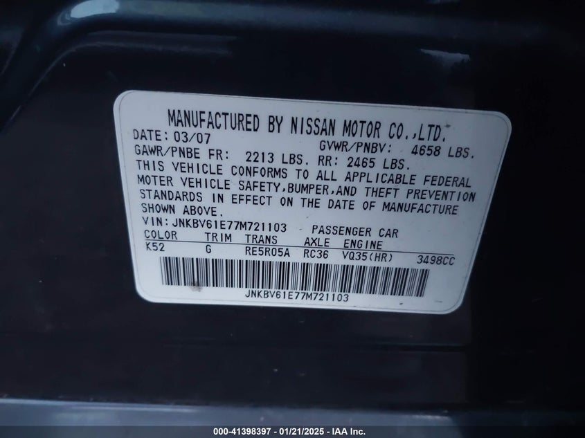 2007 INFINITI G35 VIN: JNKBV61E77M721103