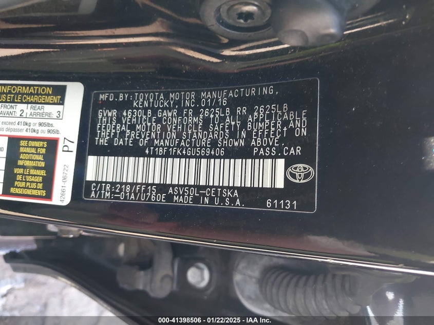 2016 TOYOTA CAMRY VIN: 4T1BF1FK4GU569406