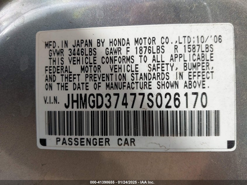 2007 HONDA FIT VIN: JHMGD37477S026170