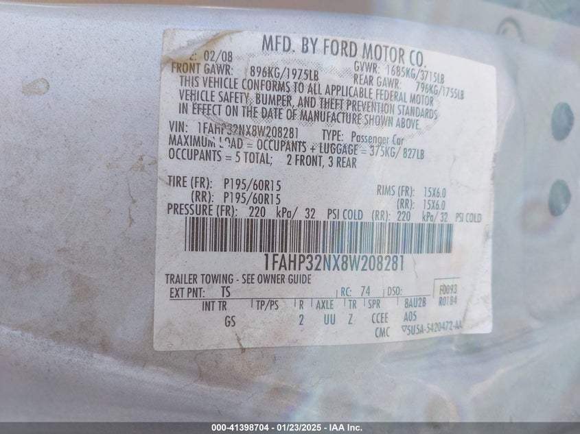 2008 FORD FOCUS VIN: 1FAHP32NX8W208281
