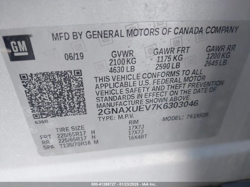 2019 Chevrolet Equinox Lt VIN: 2GNAXUEV7K6303046 Lot: 41398727