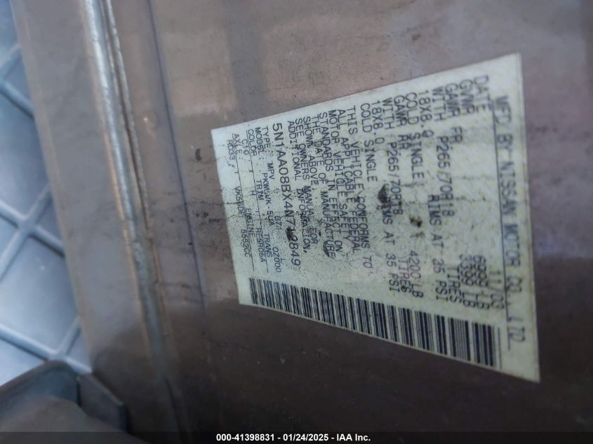 2004 Nissan Pathfinder Armada Le VIN: 5N1AA08BX4N712849 Lot: 43387906