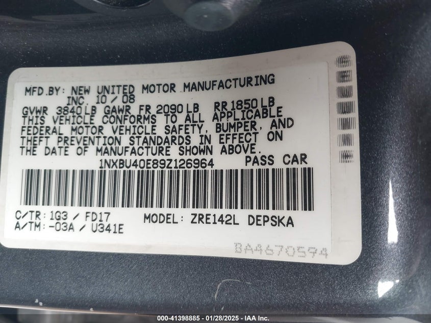 2009 TOYOTA COROLLA VIN: 1NXBU40E89Z126964