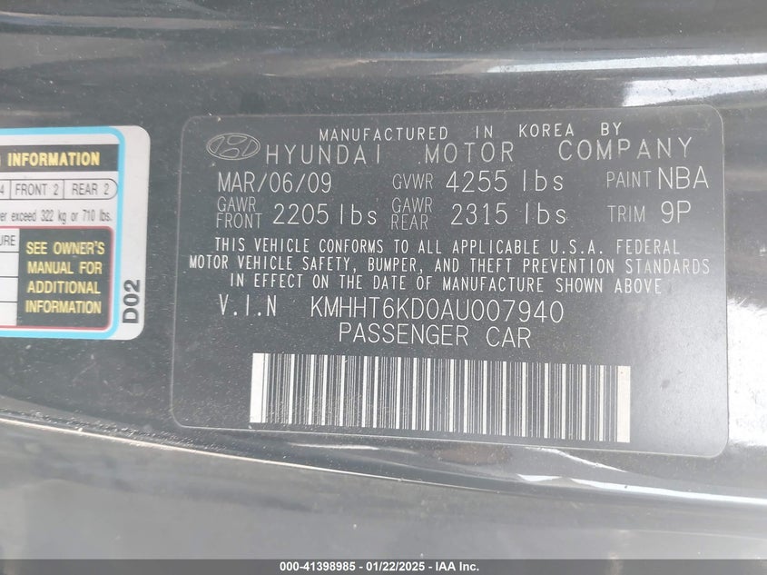 2010 HYUNDAI GENESIS VIN: KMHHT6KD0AU007940