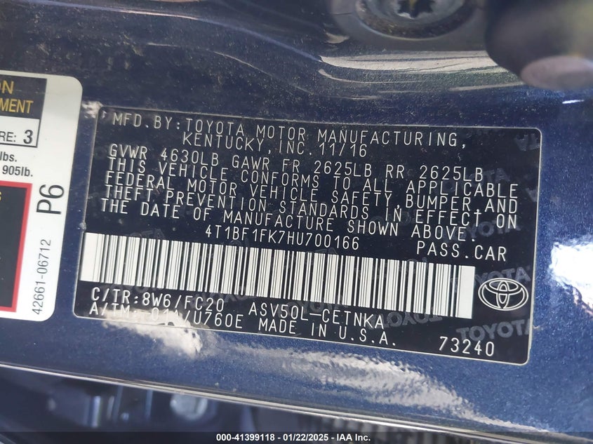 2017 TOYOTA CAMRY VIN: 4T1BF1FK7HU700166