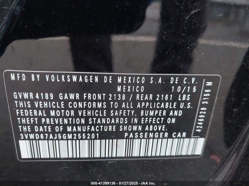2016 VOLKSWAGEN JETTA VIN: 3VWD67AJ5GM255201