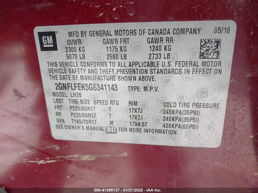 2016 CHEVROLET EQUINOX VIN: 2GNFLFEK5G6341143