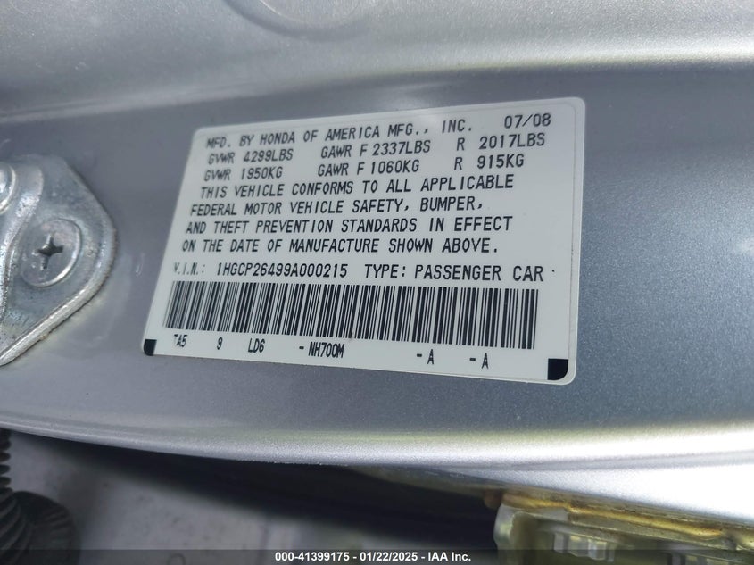 2009 HONDA ACCORD VIN: 1HGCP26499A000215