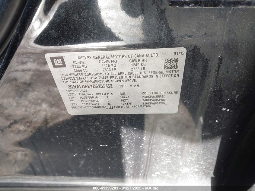2013 CHEVROLET EQUINOX VIN: 2GNALDEK1D6255452