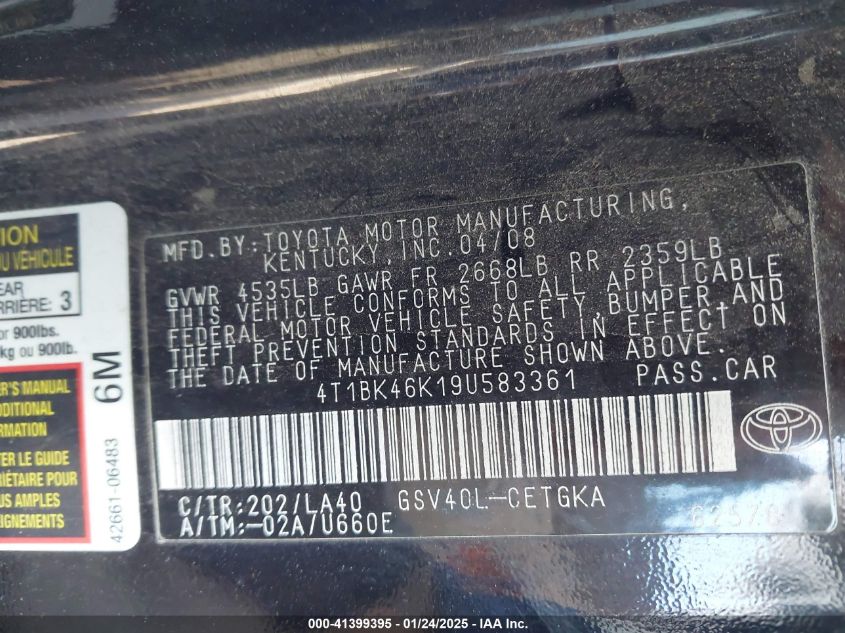 2009 Toyota Camry VIN: 4T1BK46K1U58336 Lot: 41399395