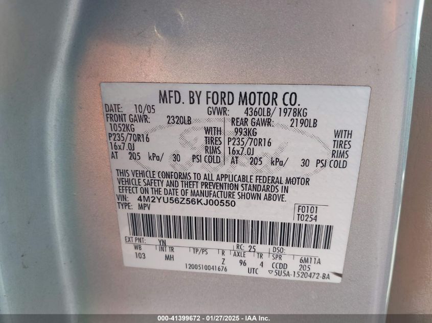 2006 Mercury Mariner VIN: 4M2YU56Z56KJ0050 Lot: 41399672