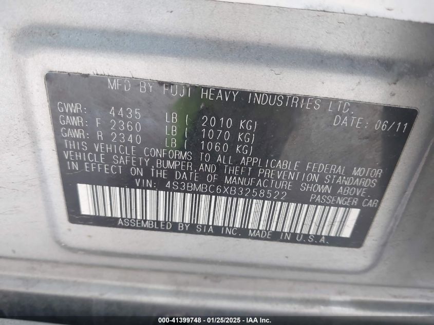 2011 Subaru Legacy 2.5I Premium VIN: 4S3BMBC6XB3258522 Lot: 41399748
