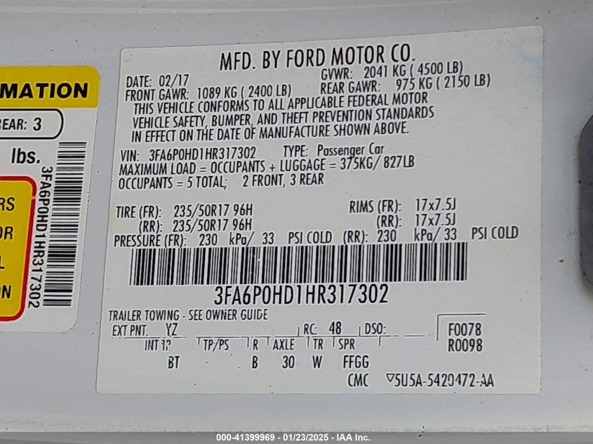 2017 FORD FUSION VIN: 3FA6P0HD1HR317302