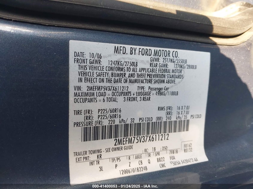 2007 MERCURY GRAND MARQUIS VIN: 2MEFM75V37X611212