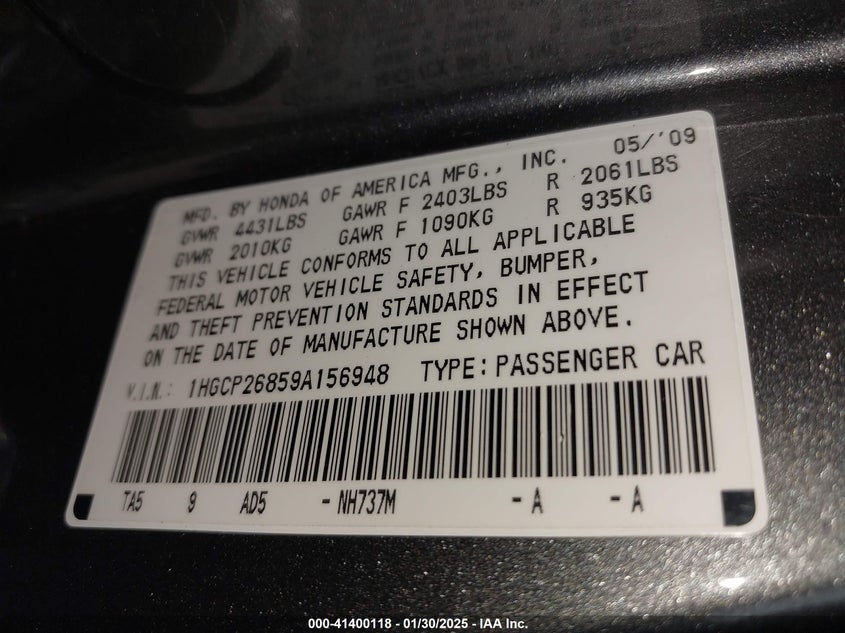 2009 HONDA ACCORD VIN: 1HGCP26859A156948
