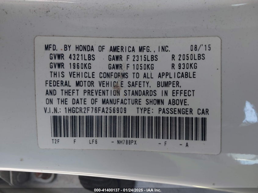 2015 HONDA ACCORD VIN: 1HGCR2F76FA256909