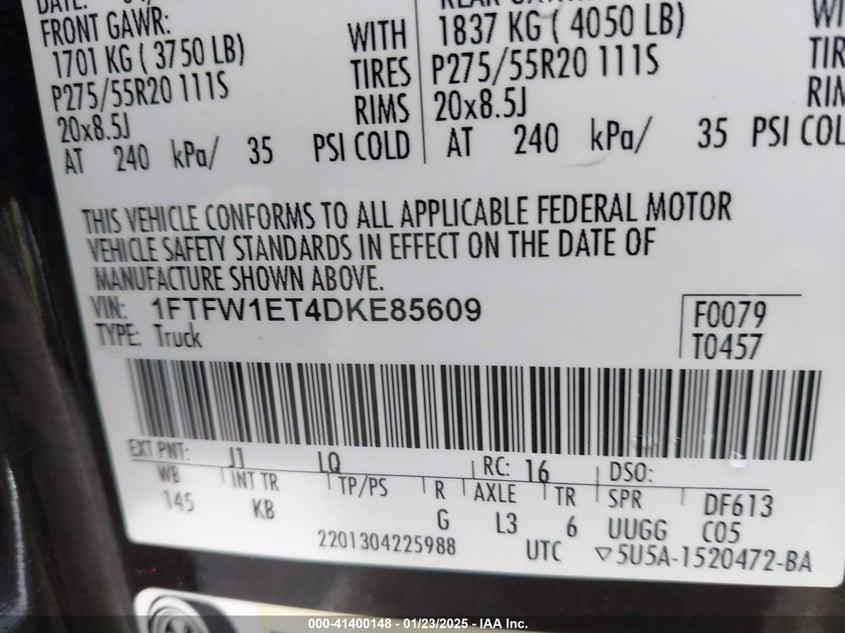 2013 FORD F-150 VIN: 1FTFW1ET4DKE85609