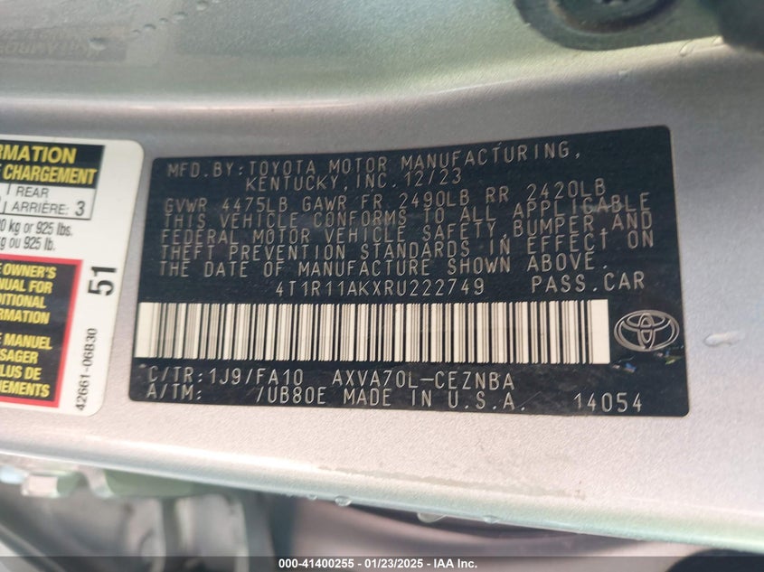 2024 TOYOTA CAMRY VIN: 4T1R11AKXRU222749