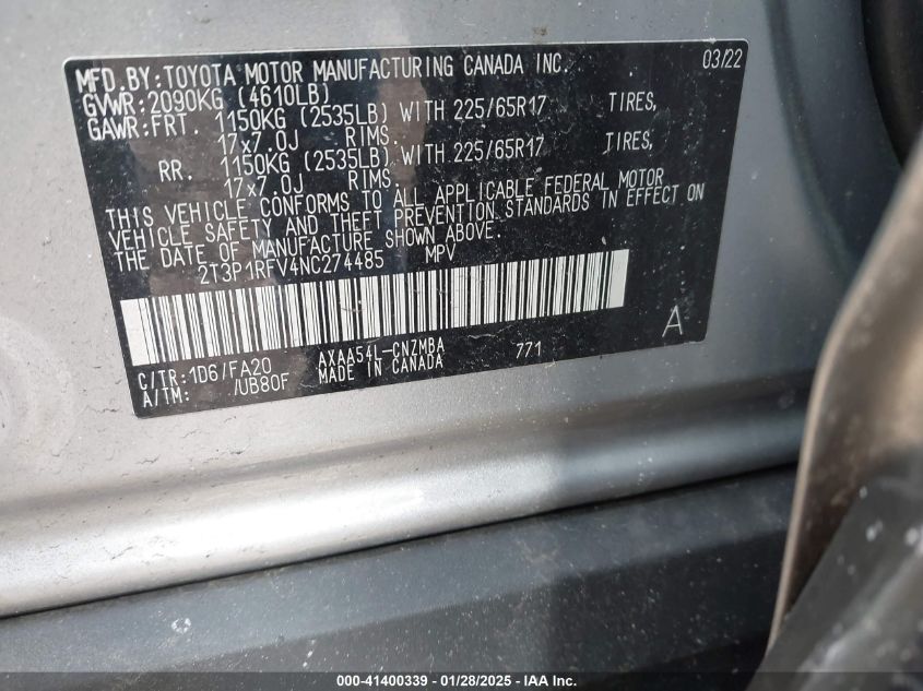2022 Toyota Rav4 Xle VIN: 2T3P1RFV4NC274485 Lot: 41400339