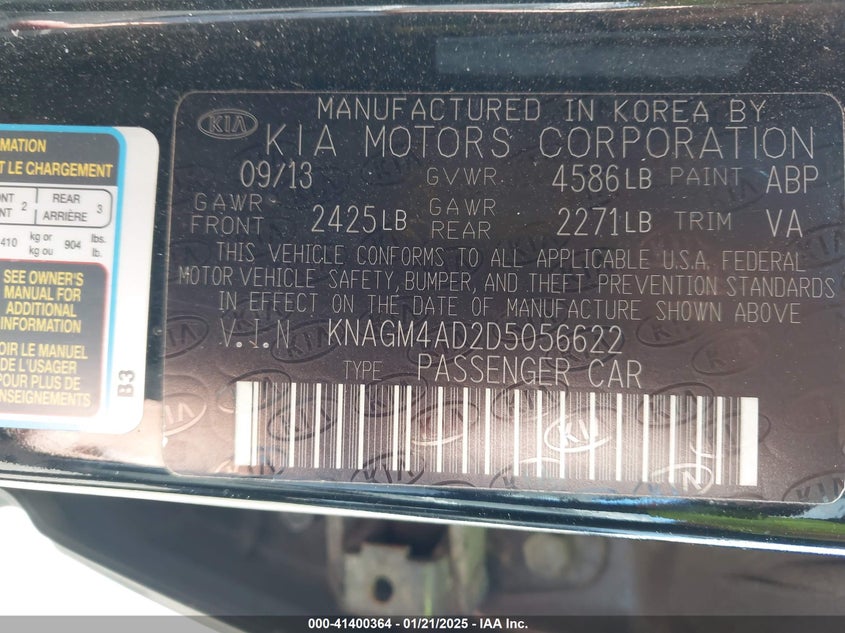 2013 KIA OPTIMA HYBRID VIN: KNAGM4AD2D5056622