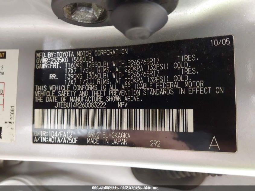 2006 Toyota 4Runner Sr5 V6 VIN: JTEBU14R260083222 Lot: 41400531