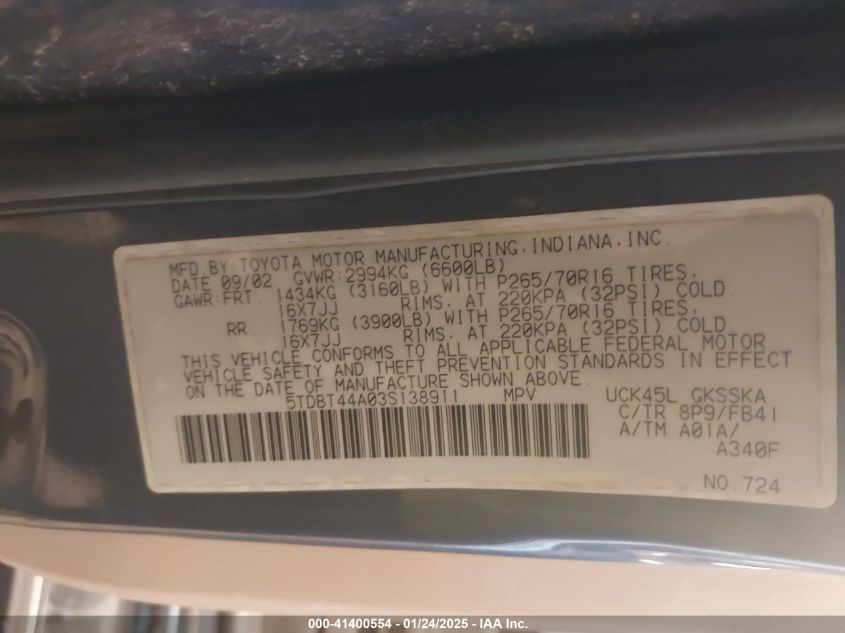 2003 Toyota Sequoia Sr5 VIN: 5TDBT44A03F138911 Lot: 41400554