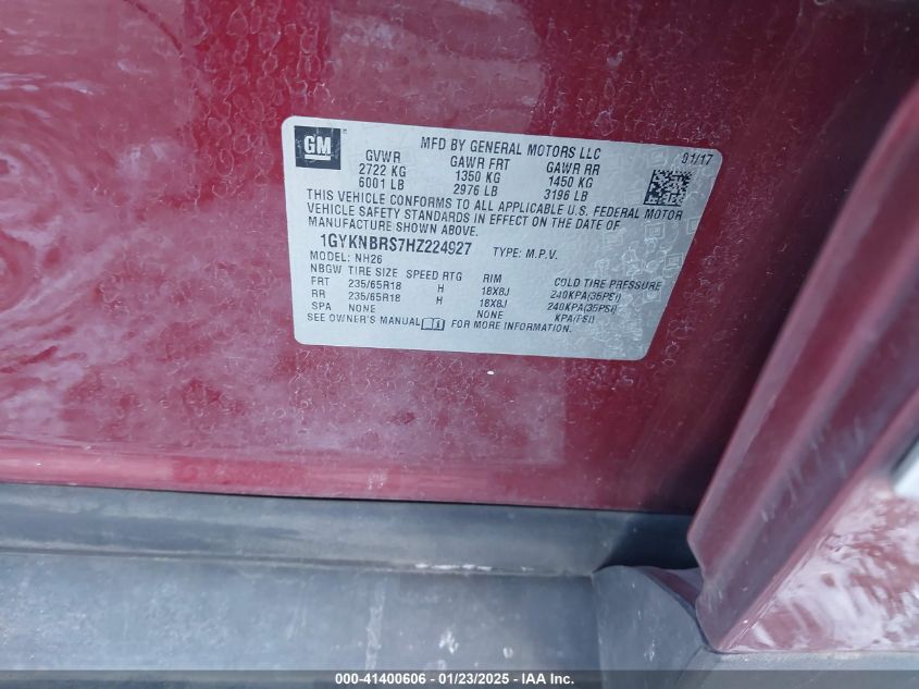 2017 Cadillac Xt5 Luxury VIN: 1GYKNBRS7HZ224927 Lot: 41400606