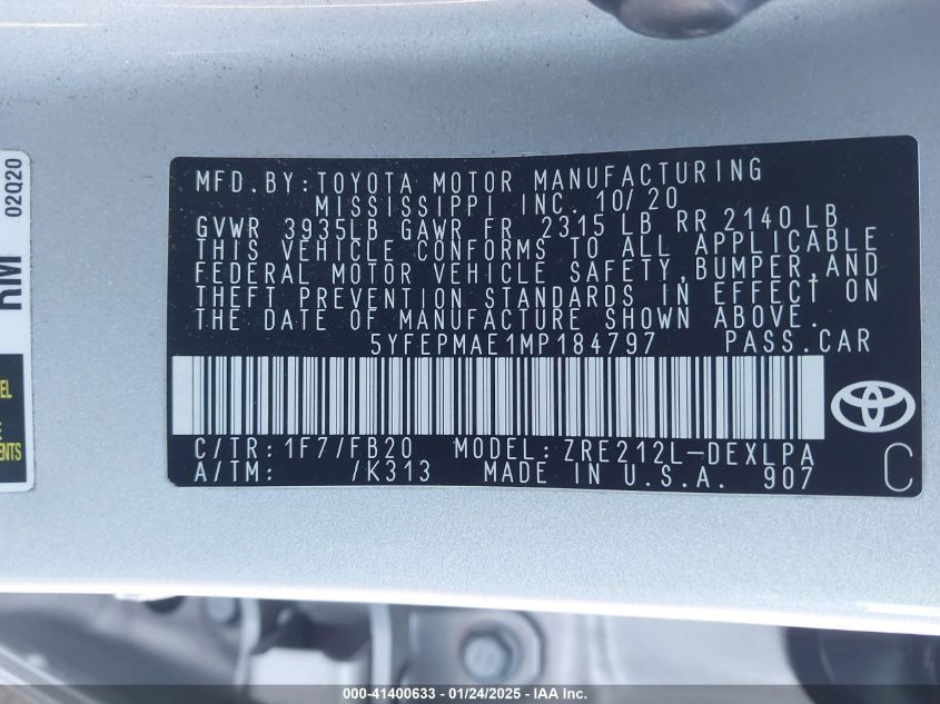 2021 Toyota Corolla Le VIN: 5YFEPMAE1MP184797 Lot: 41400633