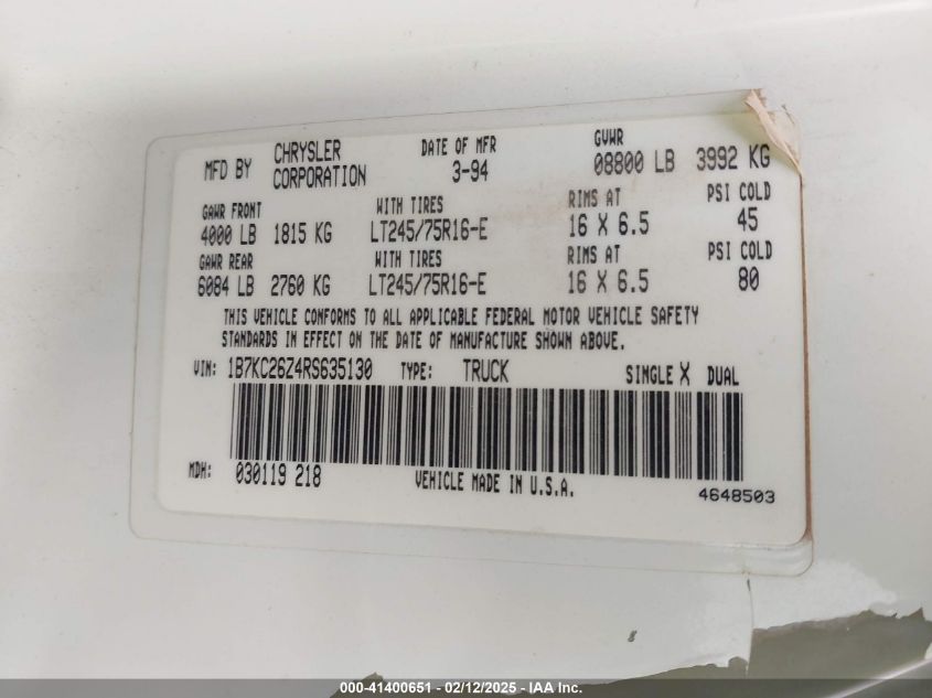 1994 Dodge Ram 2500 VIN: 1B7KC26Z4RS635130 Lot: 41400651