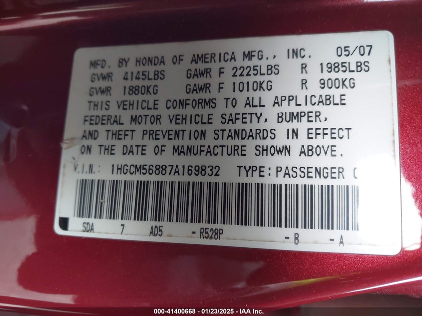 2007 HONDA ACCORD VIN: 1HGCM56887A169832