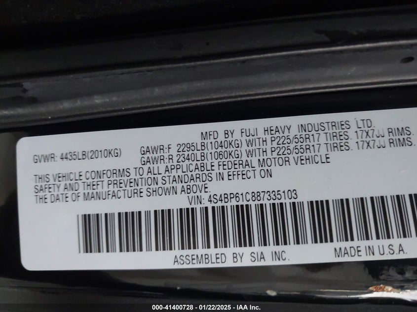 2008 SUBARU OUTBACK VIN: 4S4BP61C887335103