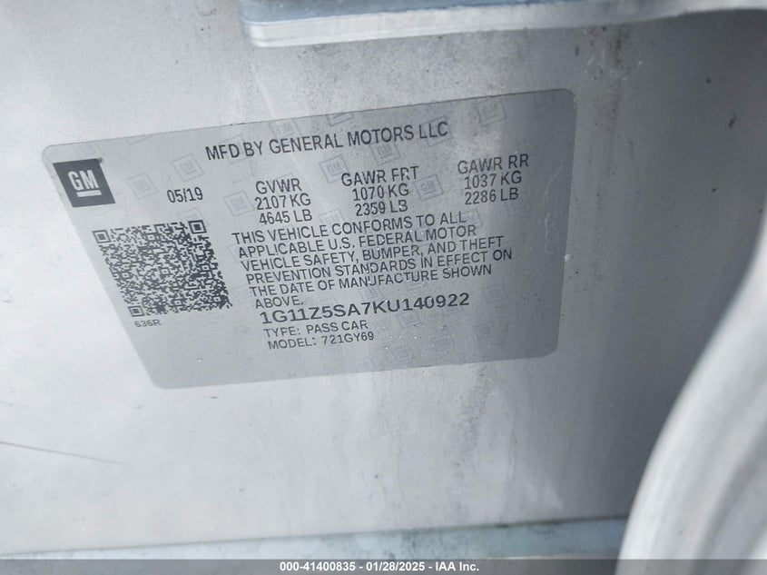 2019 CHEVROLET IMPALA VIN: 1G11Z5SA7KU140922