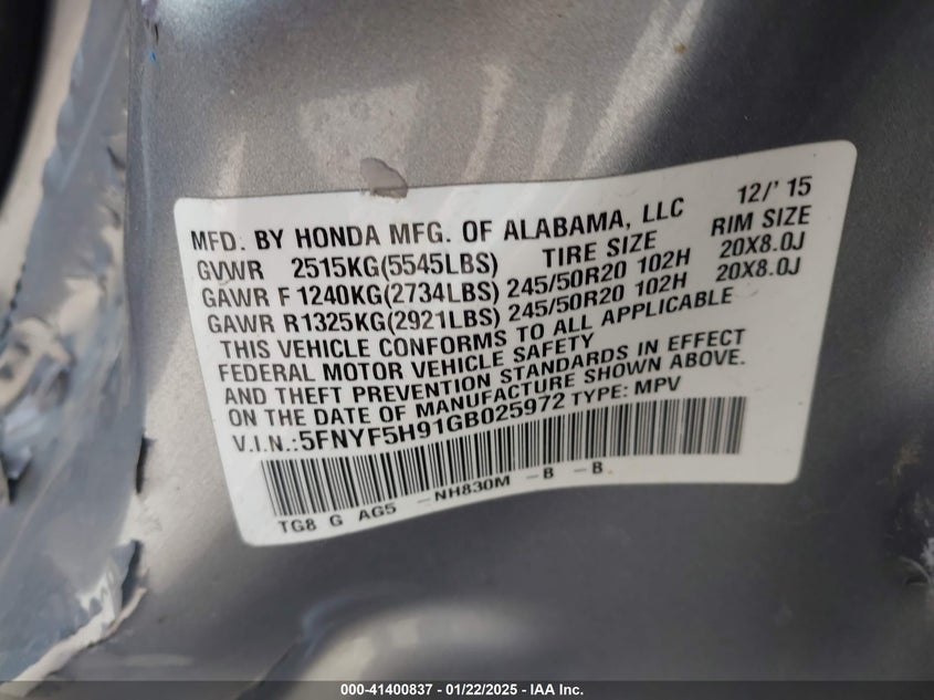 2016 HONDA PILOT TOURING - 5FNYF5H91GB025972