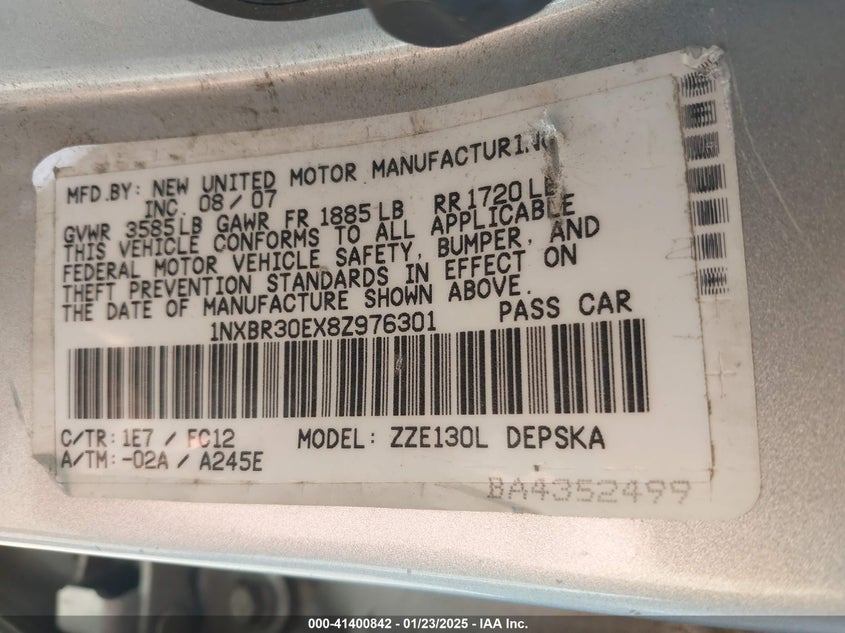 2008 TOYOTA COROLLA VIN: 1NXBR30EX8Z976301