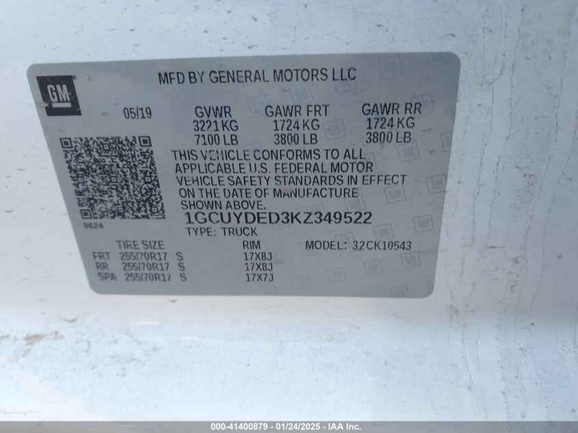 2019 CHEVROLET SILVERADO 1500 VIN: 1GCUYDED3KZ349522