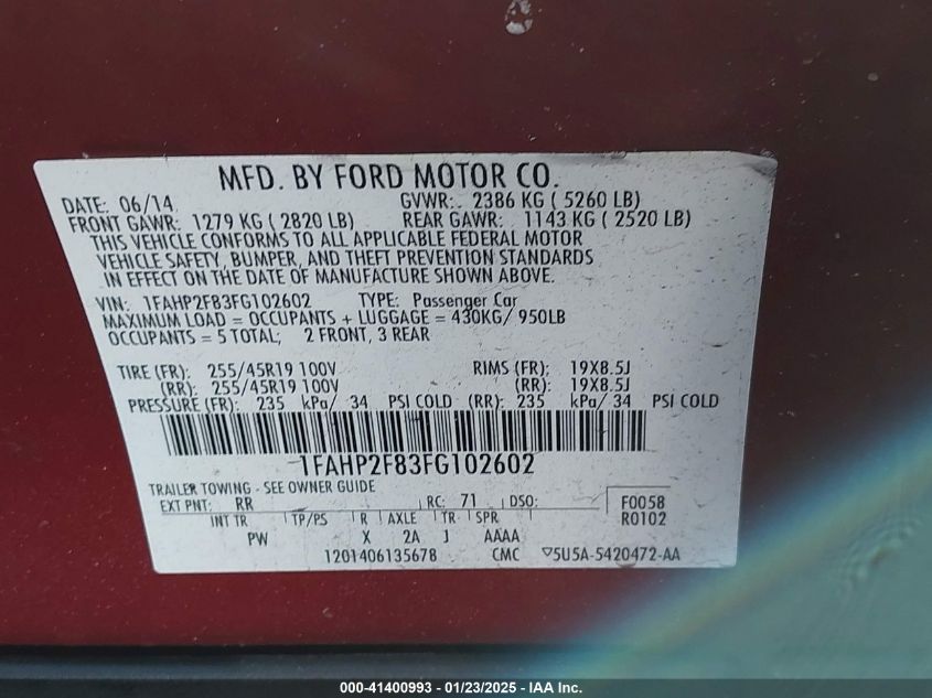 VIN 1FAHP2F83FG102602 2015 FORD TAURUS no.9