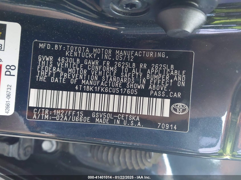 2012 TOYOTA CAMRY VIN: 4T1BK1FK6CU517605