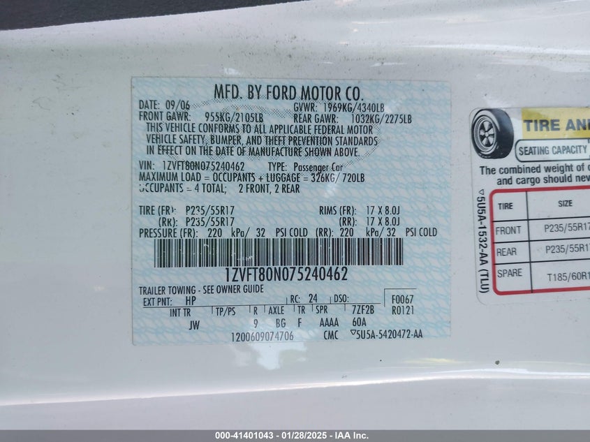 2007 FORD MUSTANG VIN: 1ZVFT80N075240462