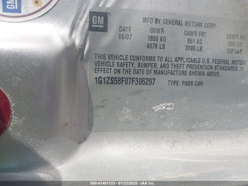2007 CHEVROLET MALIBU VIN: 1G1ZS58F07F306297