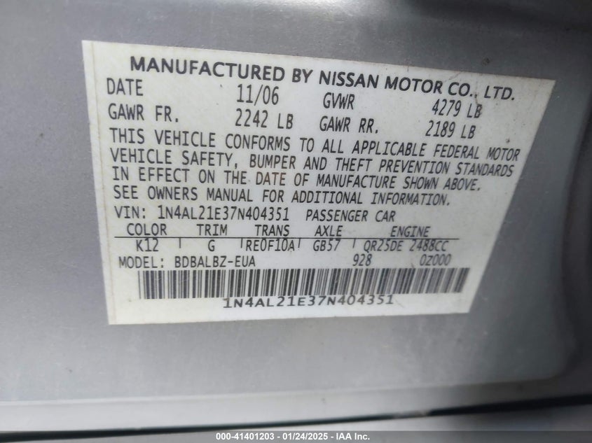 2007 NISSAN ALTIMA VIN: 1N4AL21E37N404351